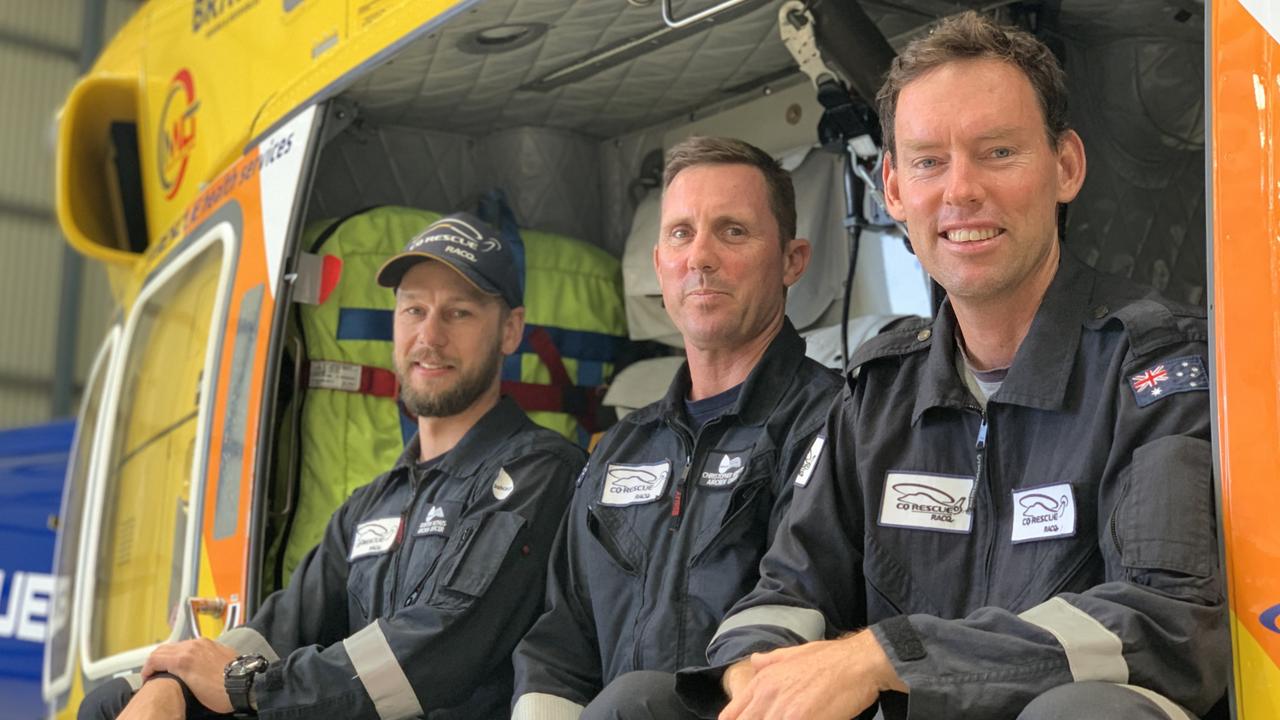 (From left to right) Quinton Rethus, Chris Muffett and pilot Doug White are three of RACQ CQ Rescue's dedicated professionals. Picture: Duncan Evans