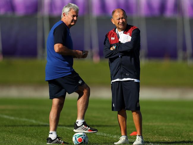 TOKYO, JAPAN - OCTOBER 30:  Eddie Jones, Head Coach of England (r) talks with Neil Craig, High Performance Manager of England during a training session Fuchu Asahi Football Park on October 30, 2019 in Tokyo, Japan. (Photo by Dan Mullan/Getty Images)