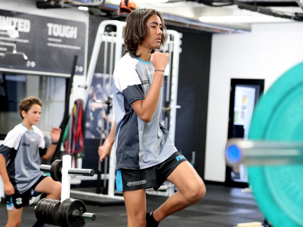 Jase Burgoyne, son of Port Adelaide great Peter Burgoyne, trains in the Power’s facilities in 2018. Picture: Dylan Coker