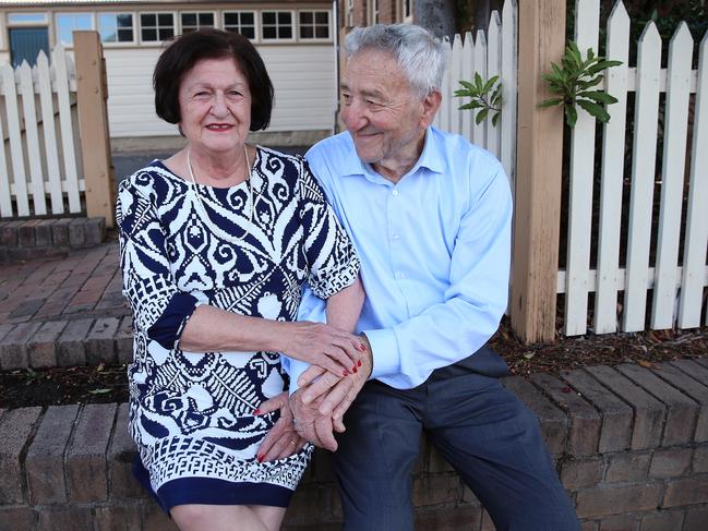 Gladys Berejiklian’s parents Krikor and Arsha outside North Ryde Public School where Gladys attended. Picture: Sam Ruttyn