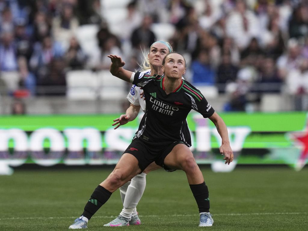 Matildas teammates Caitlin Foord (Arsenal) and Ellie Carpenter (Lyon) compete for the ball. Picture: AP