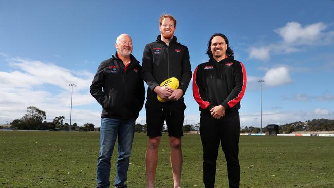 Lauderdale president Andrew Lyden, recruit Andrew Phillips and playing coach Allen Christensen at SkyBus Oval on Thursday. Picture: Nikki Davis-Jones