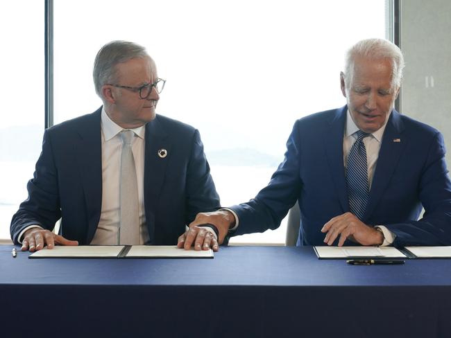 HIROSHIMA, JAPAN - MAY 20: U.S. President Joe Biden meets Australian Prime Minister Anthony Albanese on the sidelines of the G7 summit on May 20, 2023 in Hiroshima, Japan. The G7 summit will be held in Hiroshima from 19-22 May. (Photo by Susan Walsh - Pool/Getty Images)