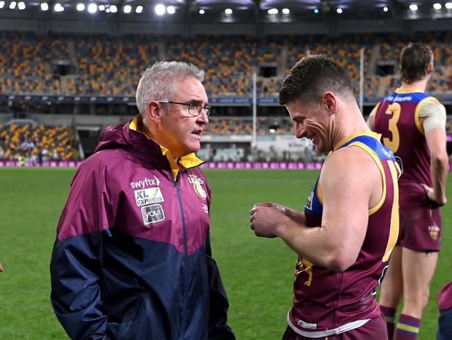 Lions coach Chris Fagan (left) says Brisbane captain Dayne Zorko has been a ‘super leader’. Picture: Bradley Kanaris/Getty Images