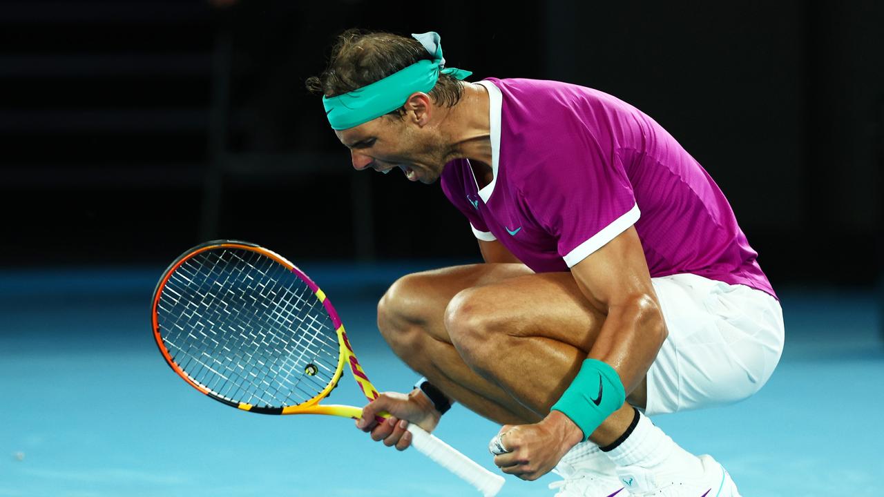 MELBOURNE, AUSTRALIA - JANUARY 21: Rafael Nadal of Spain celebrates a point during his third round singles match against Karen Khachanov of Russia during day five of the 2022 Australian Open at Melbourne Park on January 21, 2022 in Melbourne, Australia. (Photo by Clive Brunskill/Getty Images)