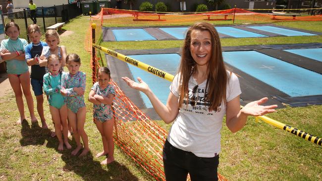 Kathy Landos with Olivia, 10, Lachie, 8, Samara, 11, Tahlia, 6, Evie, 7, and Ebony, 5 at Lorne Trampolines. Picture: Alison Wynd