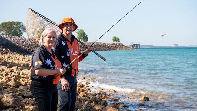 Deputy Opposition Leader Gerard Maley and CLP Port Darwin candidate Robyn Cahill were a line as the party announces it will trial a fish stocking program for barramundi to be released in Darwin Harbour if elected. Picture: Pema Tamang Pakhrin