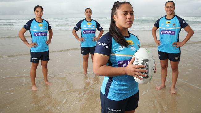 Members of the Titans NRLW squad, left to right they are, Karli Hansen, Shannon Mato, Destiny Brill and Tiana Raftstrand-Smith. Picture Glenn Hampson