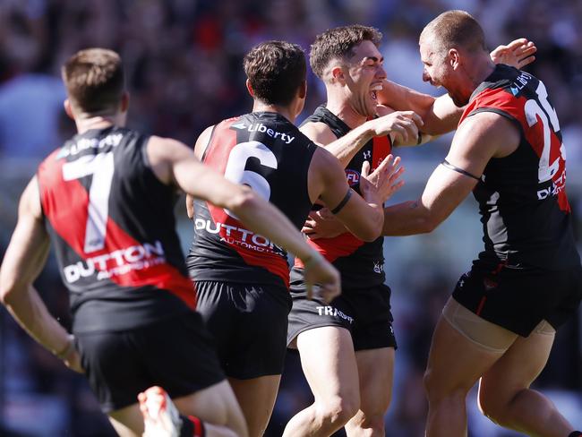 MELBOURNE , AUSTRALIA. March 16 , 2024.  AFLÃ Round 1. Essendon vs Hawthorn at the MCG.   Jade Gresham of the Bombers celebrates a 4th quarter goal  . Pic: Michael Klein