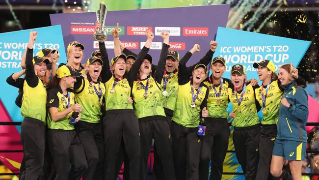 World champs: The Australians hoist the World Cup trophy. Who did they beat? Picture: Michael Klein