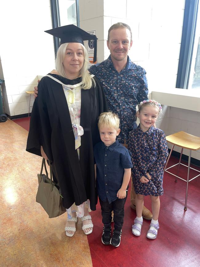 Sinead Matthews (Bachelor of Nursing), Rufuf, Pippa and Jake Matthews at the Federation University Churchill Campus graduations on Tuesday, March 25, 2025. Picture: Jack Colantuono