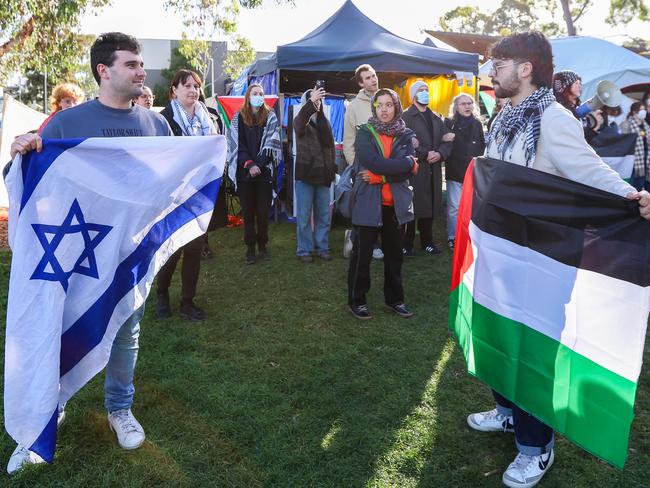 Pro-Palestine protesters and pro Israel protesters confront each other at the Monash Uni Pro-Palestine encampment in May 2024. Picture: Brendan Beckett