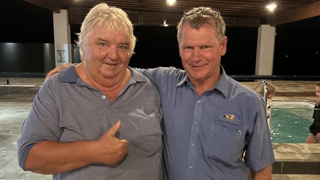 Trainer Les Ross (right) who is retiring with prostate cancer, and colourful owner Mike Crooks. Picture: Supplied.