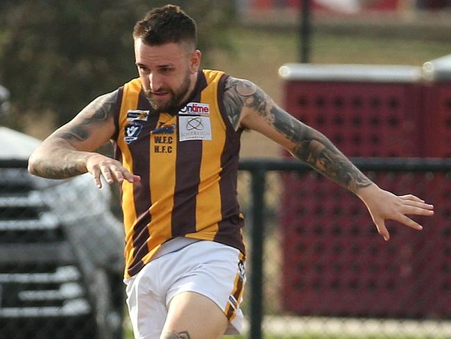 RDFL footy: Melton Centrals v Woodend-Hesket: Jordan Filakis of Woodend-Hesket kicks forwardSaturday, May 1, 2021, in Harkness, Victoria, Australia. Picture: Hamish Blair