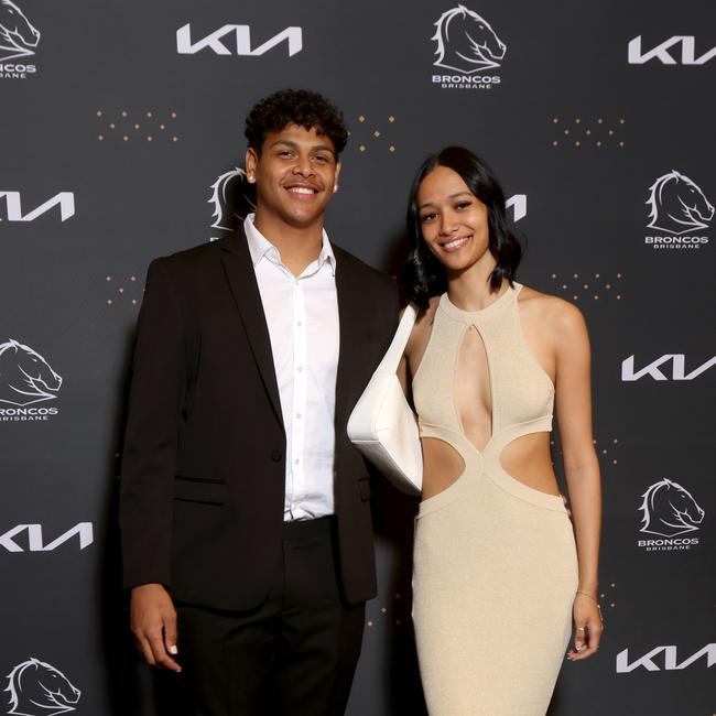 Selwyn Cobbo with Ruby Peyroux, at the Broncos 2022 awards night. Picture: Steve Pohlner