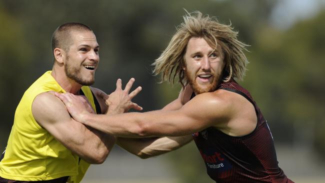 David Zaharakis and Dyson Heppell, in pre-season training, hope the Bombers can grow their membership in 2019. Picture: Alan Barber