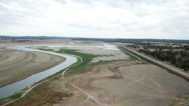 DRIED UP: Drone photos Courtney’s dad took of Coolmunda Dam this month.