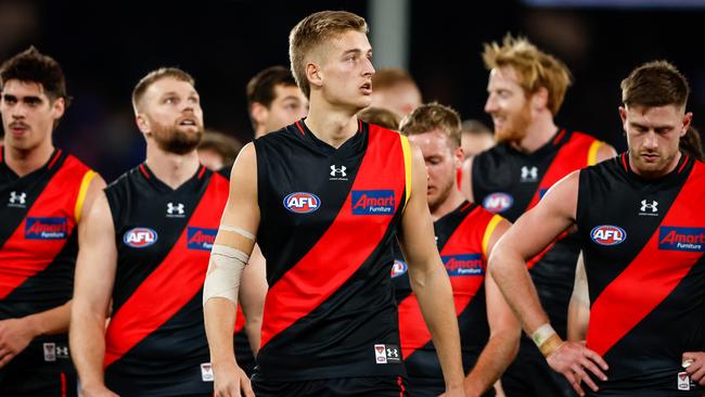 MELBOURNE, AUSTRALIA - JULY 21: Nick Bryan of the Bombers looks on during the 2023 AFL Round 19 match between the Essendon Bombers and the Western Bulldogs at Marvel Stadium on July 21, 2023 in Melbourne, Australia. (Photo by Dylan Burns/AFL Photos via Getty Images)