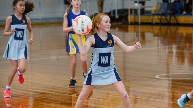 Action between Onkaparinga South and East Adelaide during the Sapsasa Metro Netball Carnival at Netball SA Stadium. Picture: Brenton Edwards