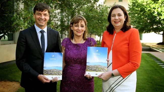 2016: Assistant Minister for Cities Angus Taylor (now shadow Treasurer), Townsville mayor Jenny Hill and Queensland Premier Annastacia Palaszczuk, at the signing of the Townsville City Deal at Parliament House in Canberra. Picture Kym Smith