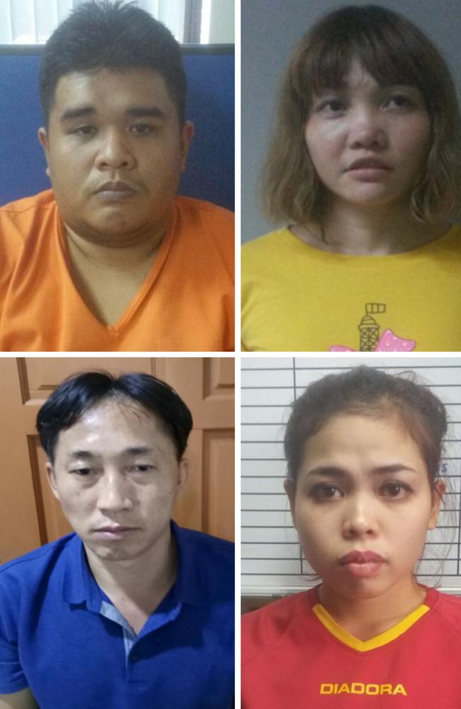 The four suspects, Malaysian Muhammad Farid Bin Jalaluddin (top left), Doan Thi Huong (top right) of Vietnam, North Korean Ri Jong Chol (bottom left) and Siti Aisyah of Indonesia (bottom right). Picture: AFP