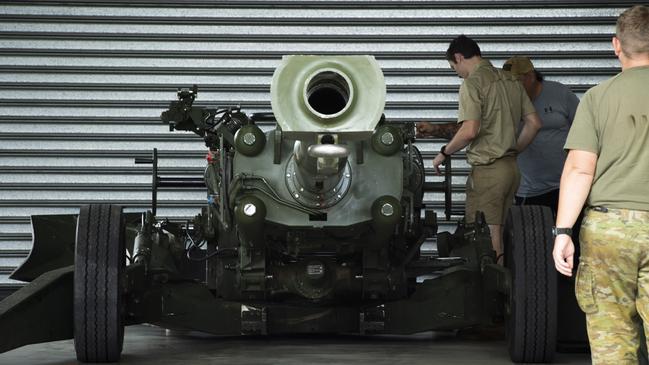 An M777 howitzer from 1st Regiment, Royal Australian Artillery, is prepared for transportation before being loaded onto a truck at Gallipoli Barracks in Brisbane to support the government of Ukraine.