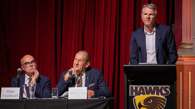 New Hawthorn president Andy Gowers at the Hawks’ annual general meeting with his election opponent Peter Nankivell and Jeff Kennett. Picture: Jason Edwards