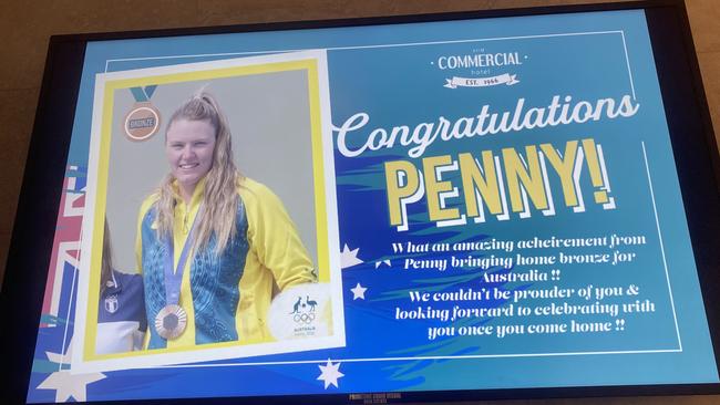 The Commercial Hotel’s message on their television after Camperdown's Penny Smith won bronze. Picture: Mel Van den Eynde