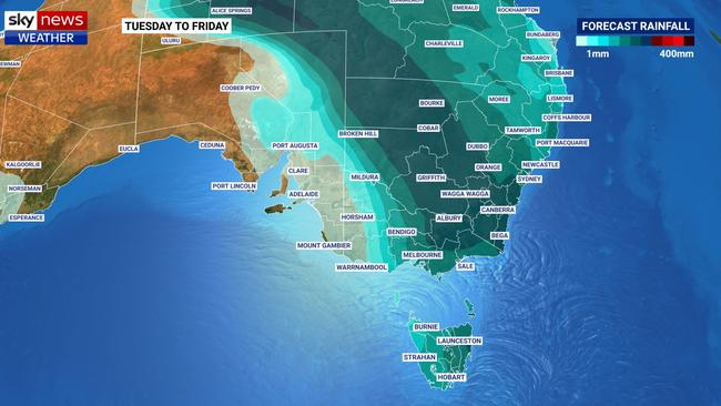 A 500km wide band of heavy rain is likely to stretch across much of New South Wales with rain likely in neighbouring states. Picture: Sky News Weather.