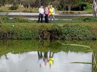 LCC Water and Wastewater manager Matt Torr, LCC Environmental Strategies Officer Sharyn Hunnisett and council consultant Michael Qualmann at East Lismore Sewage Treatment Plant where a community funded floating solar project will be placed. Picture: Cathy Adams