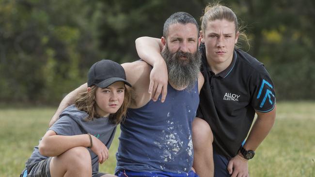 Jack Camilleri with sons Bryce, 12 (left) and 16-year-old Brodie, who missed out on a VCAL spot at Gladstone Park Secondary College. Picture: Rob Leeson