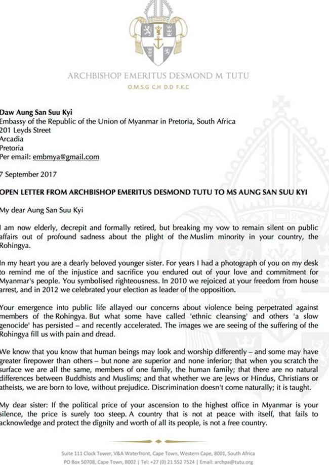 Desmond Tutu’s letter to Myanmar's Aung San Suu Kyi. Picture: Facebook