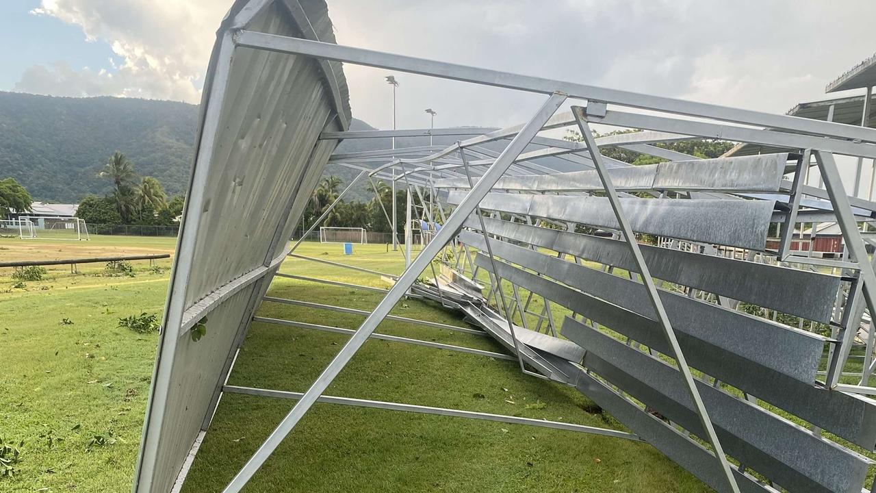 A grandstand at Marlin Coast Rangers home ground rolled over during a shock storm on Sunday night.