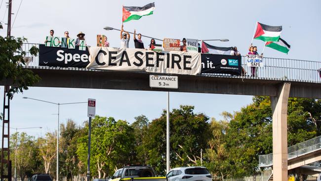 Pro-Palestine protesters in Darwin joined global calls for an immediate ceasefire on International Day of Solidarity with the people of Palestine on Bagot Road, Darwin. Picture: Pema Tamang Pakhrin