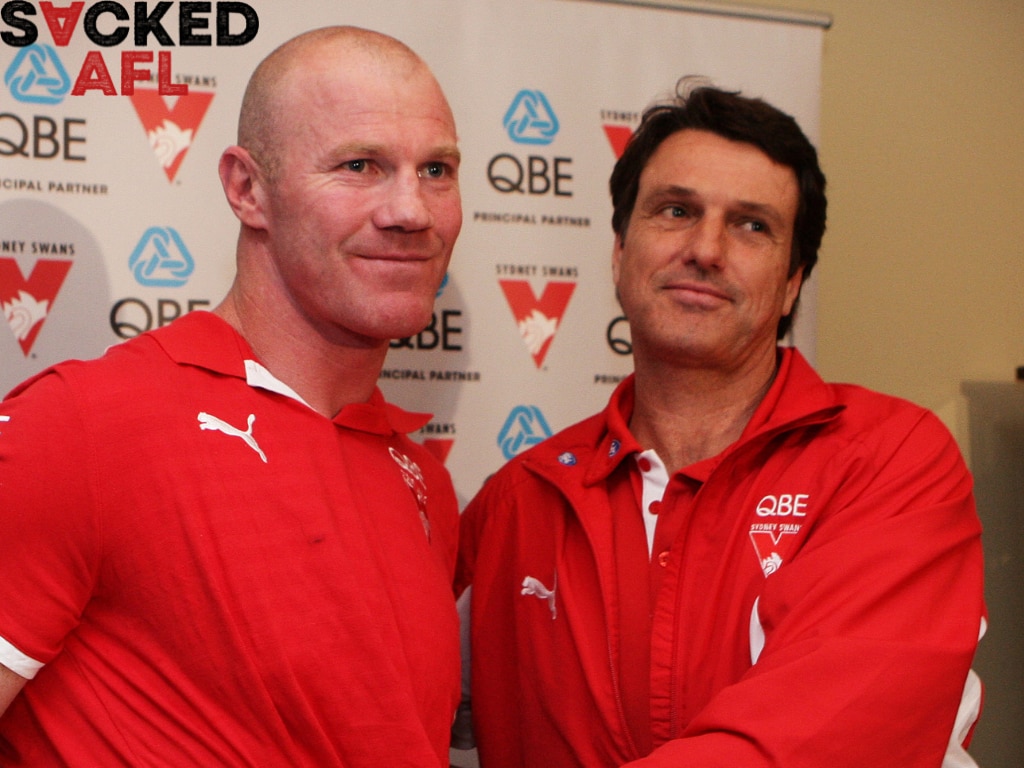 Barry Hall and Paul Roos during the former captain’s announcement that he would be leaving the Swans.