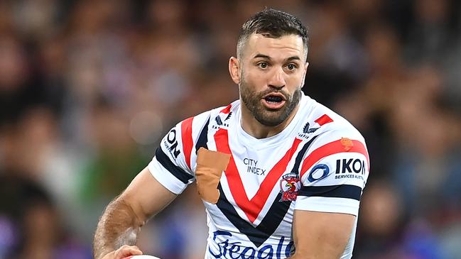 NRL stars have come good on their threat to cover the NRL logo, with players from both teams using strapping tape. Picture: Getty Images.