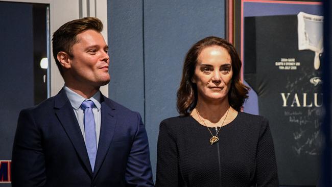 Candidates Katherine O'Regan (centre) and Carrington Brigham attend preselection meeting for the seat of Wentworth on Thursday night.