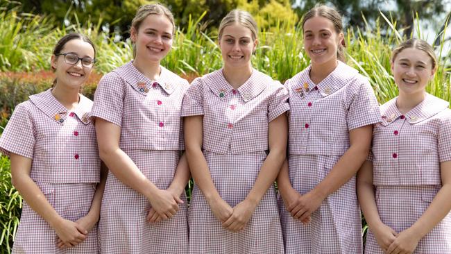 Moreton Bay College captains Sophia McBrien, Sienna Hume, Olivia Atkins, Lydia McCarthy and Caliese McEachern. Picture: Contributed