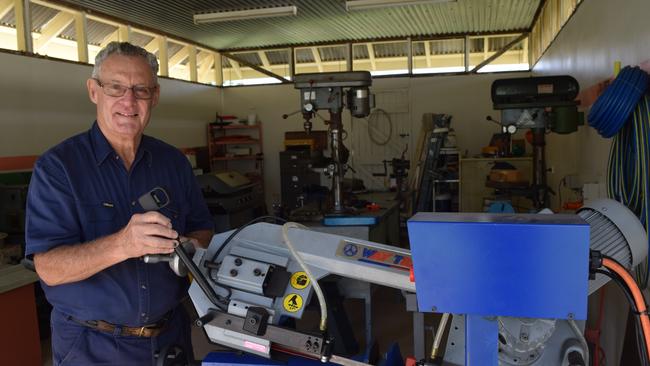 Leith Tebbit at the Dalby Men's Shed cutting the railing for the shed's disability ramp. Photo: Georgie Moore / Dalby Herald