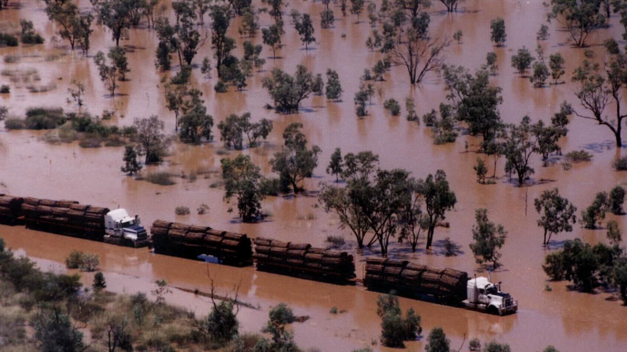 Road trains stranded on the Barkly Highway in a previous flooding event.