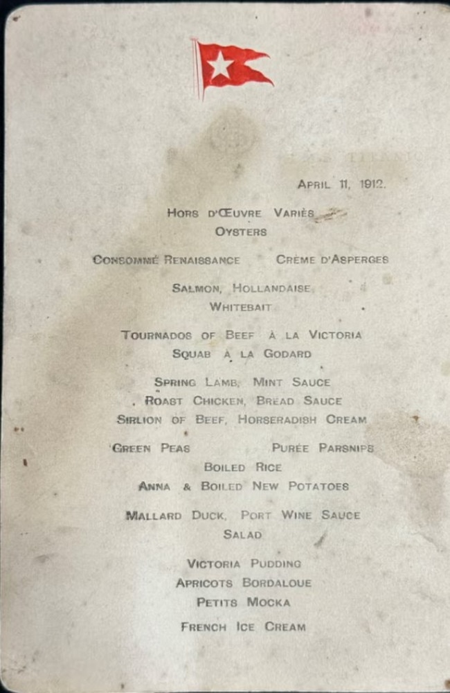 The meal first class passengers dined on just days before the Titanic sunk. Picture: Henry Aldridge &amp; Son of Devizes, Wiltshire