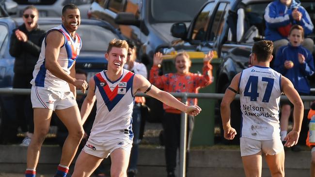 West Preston Lakeside's Ahmed Saad celebrates a goal with teammate Aidan Tilley. Picture: Nathan McNeill.