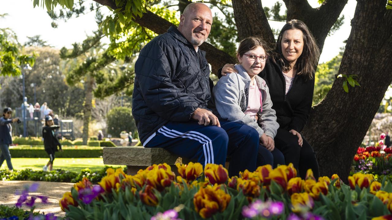 Admiring the Laurel Bank floral display are (from left) George, Maya and Flora Bittar for Carnival of Flowers 2022, Sunday, September 18, 2022. Picture: Kevin Farmer