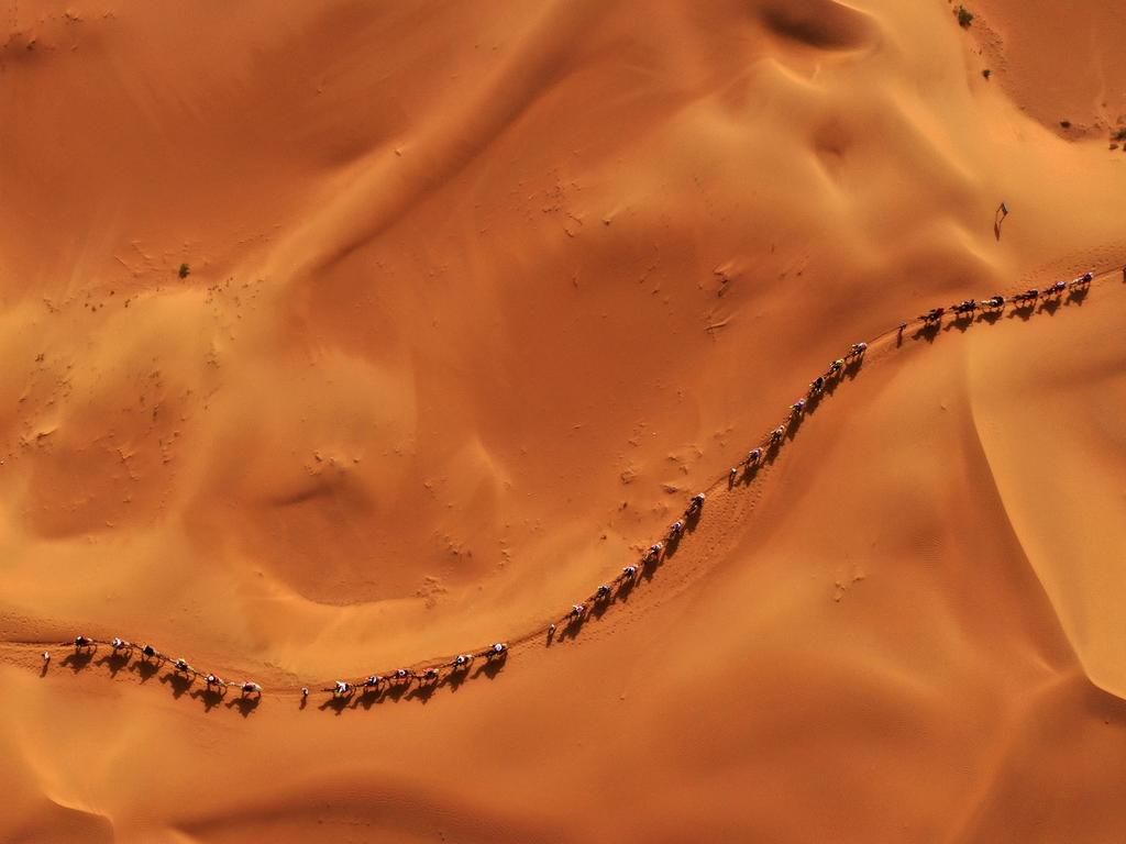 An aerial photo shows visitors riding camels at the Shapotou scenic area, part of the Tengger Desert near Zhongwei in northwest China's Ningxia Hui Autonomous Region. The area is enjoying its peak tourism season with up to 10,000-plus daily visitors. Picture: Wang Peng / Xinhua via Getty Images