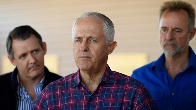 Chief Minister Michael Gunner, Prime Minister Malcolm Turnbull and Indigenous Affairs Minister Nigel Scullion in Tennant Creek last month