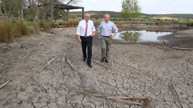 Scott Morrison and Michael McCormack at Mulloon Creek Natural Farms, NSW. Picture: Kym Smith