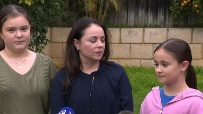 Perth mother Michele Lemin and her two daughters Hannah and Olivia spent hours in hospital after they were allegedly served insect repellent instead of juice at a restaurant in Nedlands. Picture: 9News