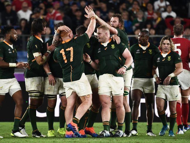 South Africa's players celebrate winning their semi-final over Wales. Picture: AFP