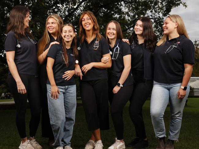 L-R Holly Sluijter, Maggie Roberts, Ellie Thunder, Jess Dobbie, Jasmine Downham, Claudia Gaffney, Molly Browning.  UTAS Bachelor of Nursing students who are heading off to Nepal to do health care work.  Picture: Nikki Davis-Jones