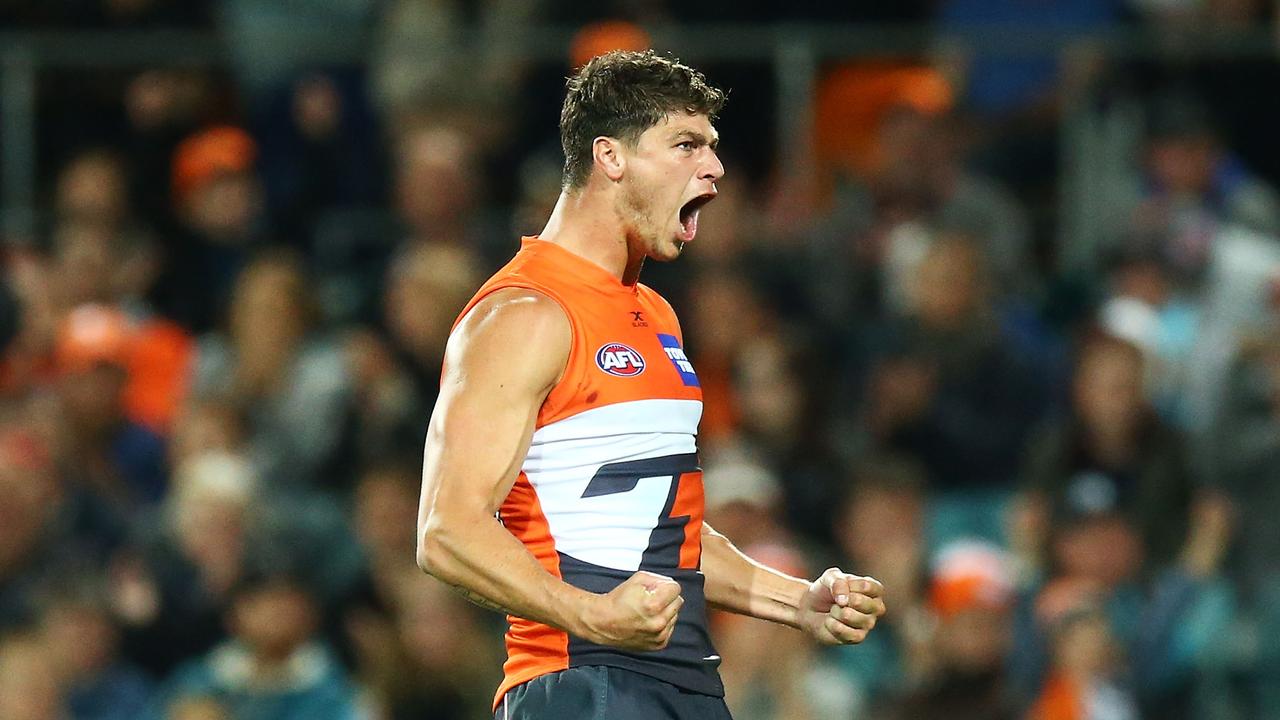 Jon Patton celebrates a goal for the Giants.